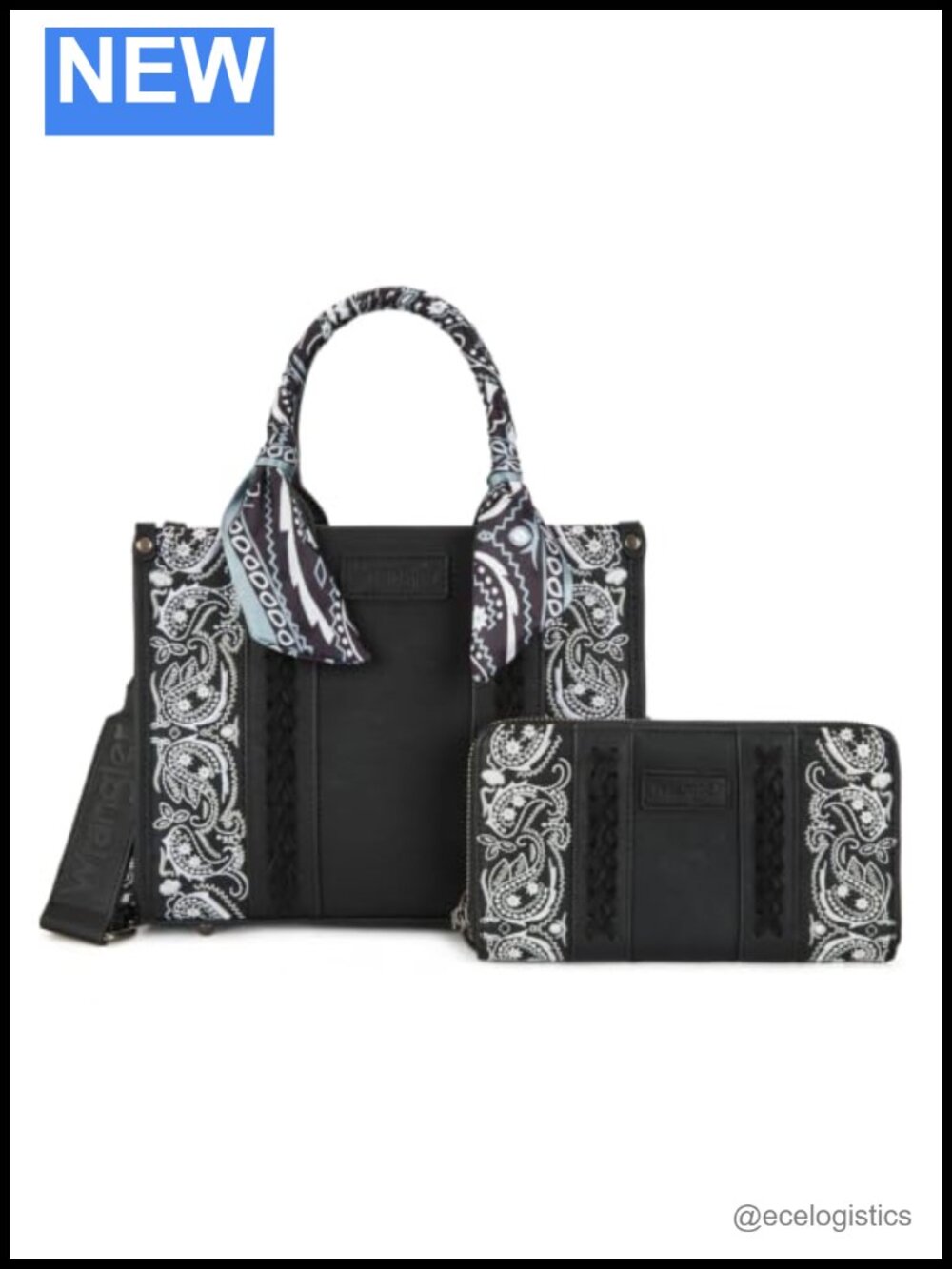 Vegan Leather Denim Paisley Tote Bag with Matching Wristlet Wallet